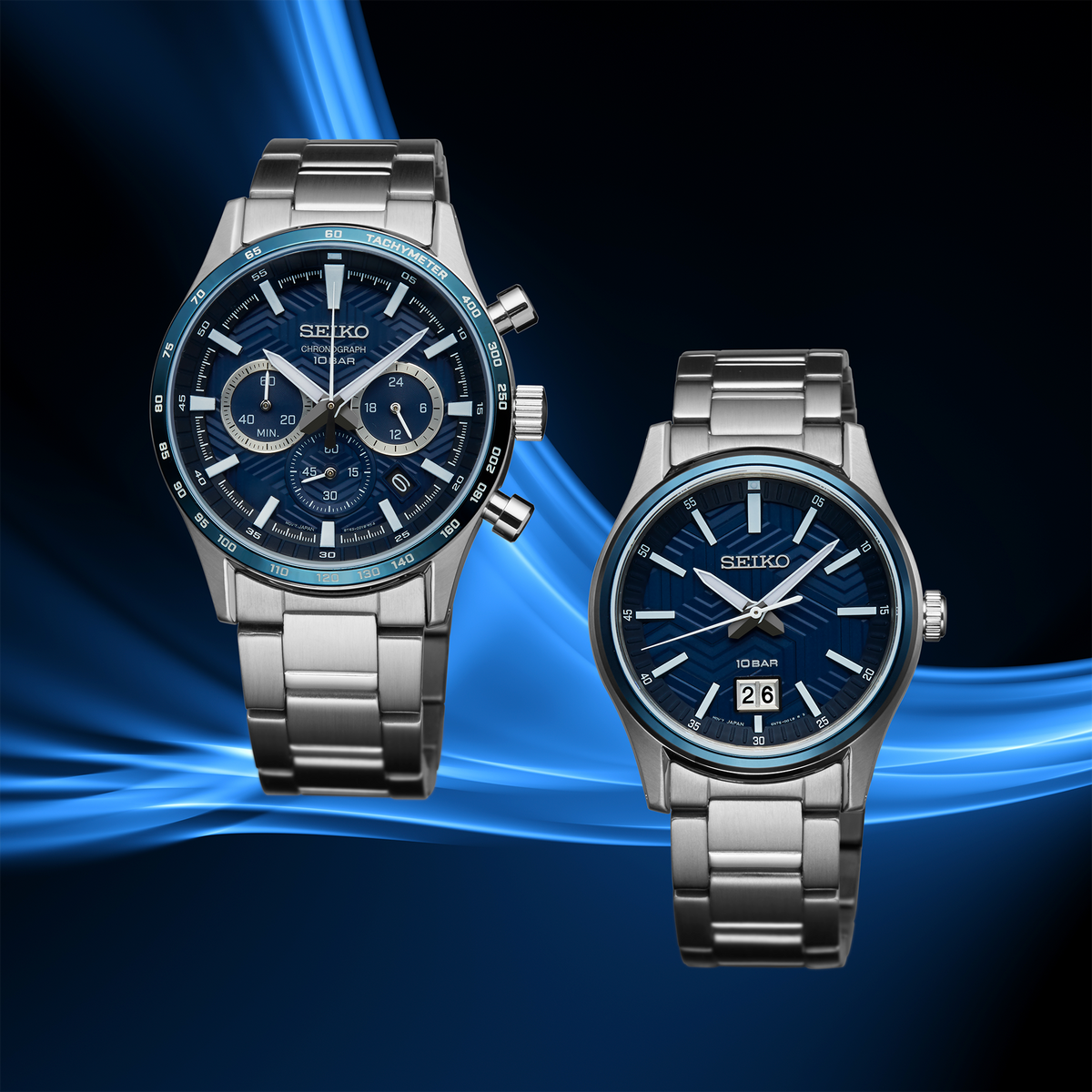 Seiko SSB445 chronograph watch with blue dial and stainless steel bracelet — lifestyle