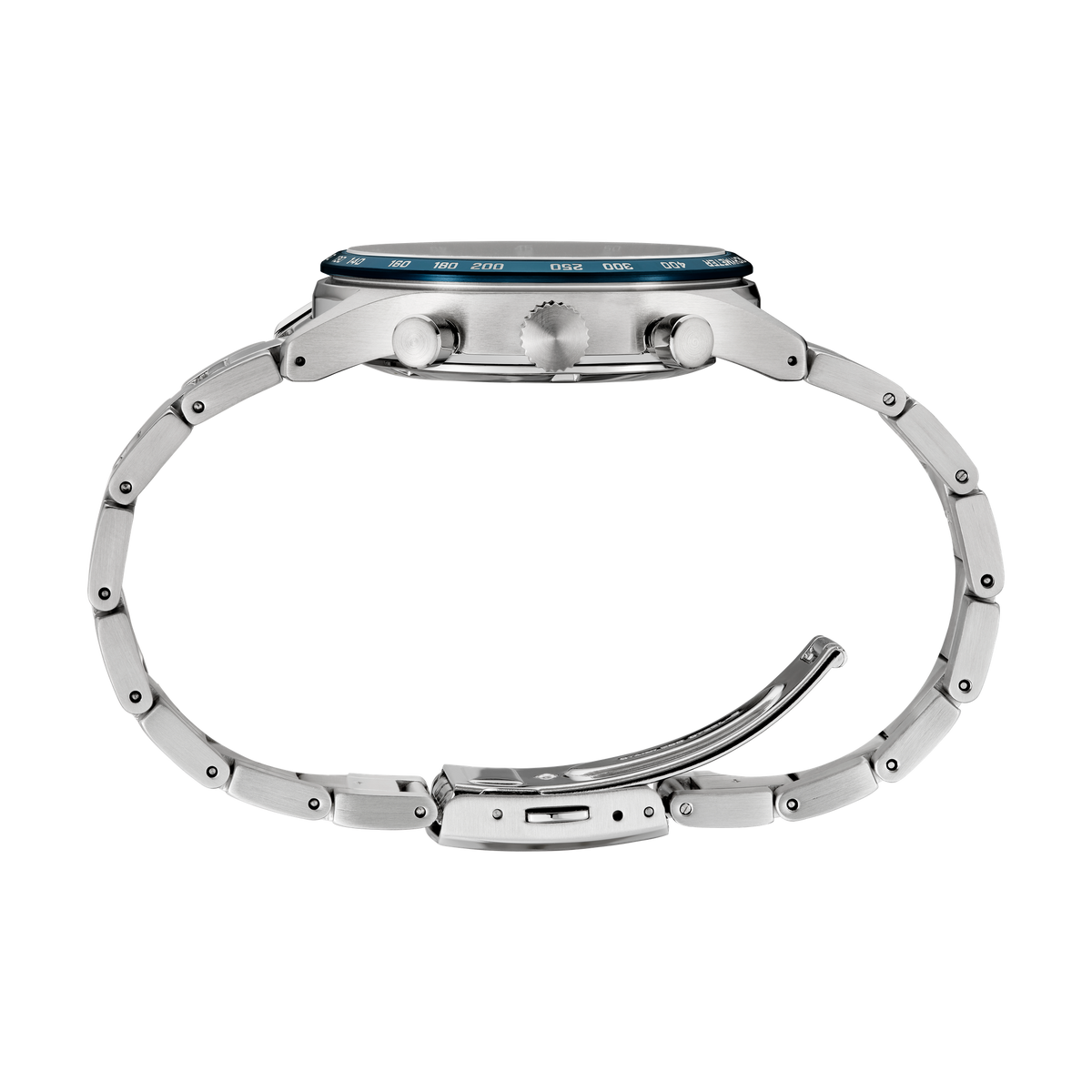 Seiko SSB445 chronograph watch with blue dial and stainless steel bracelet — side view