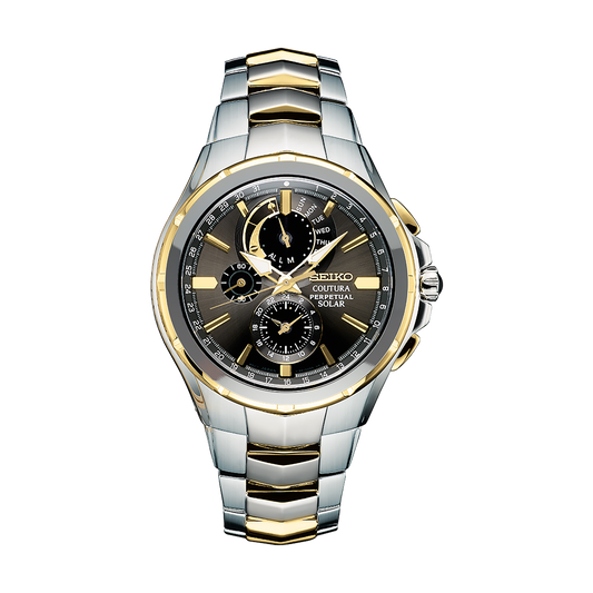 Seiko SSC376 men's two-tone stainless steel solar watch with gray dial.