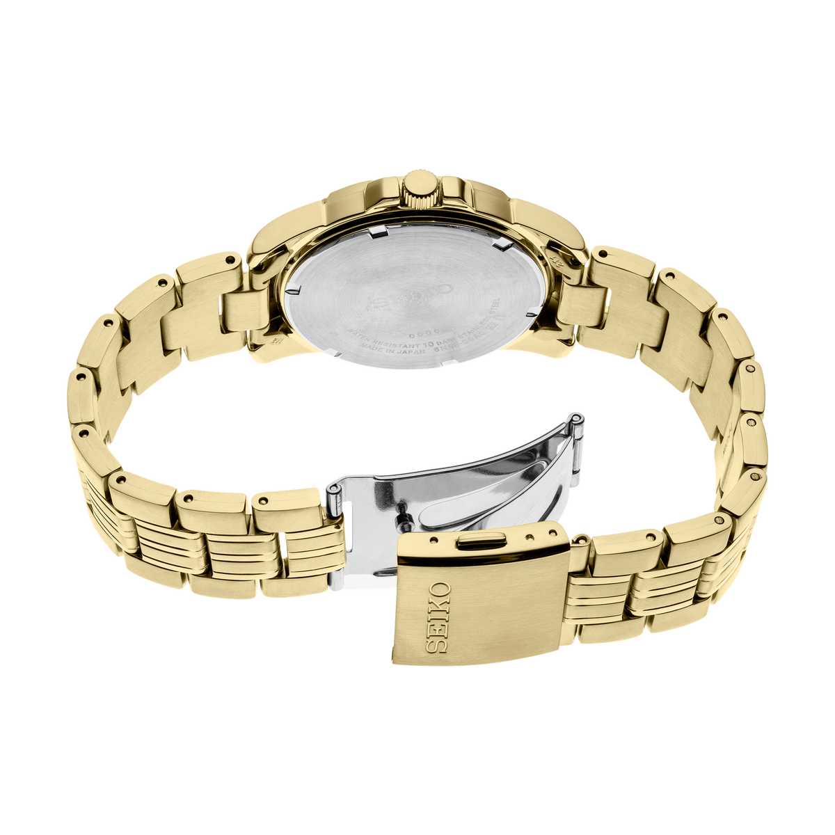 Seiko SUR358 men's watch with black dial and gold finish stainless steel case. — caseback