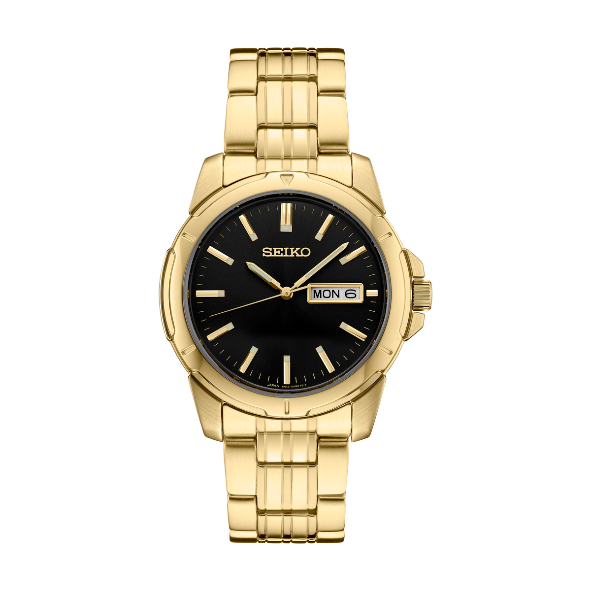 Seiko SUR358 men's watch with black dial and gold finish stainless steel case.