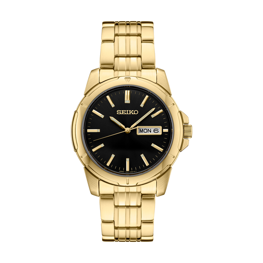 Seiko SUR358 men's watch with black dial and gold finish stainless steel case.