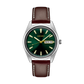 Seiko SUR449 men's quartz watch featuring a green dial and brown leather strap.