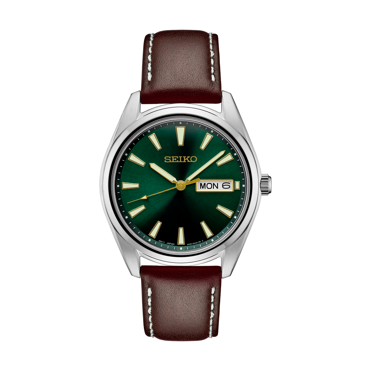 Seiko SUR449 men's quartz watch featuring a green dial and brown leather strap.