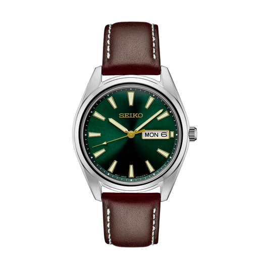 Seiko SUR449 men's quartz watch featuring a green dial and brown leather strap.