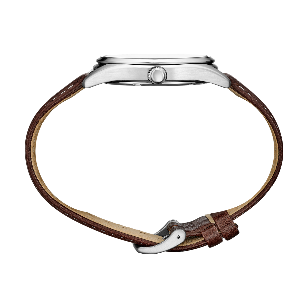 Seiko SUR449 men's quartz watch featuring a green dial and brown leather strap. — side view