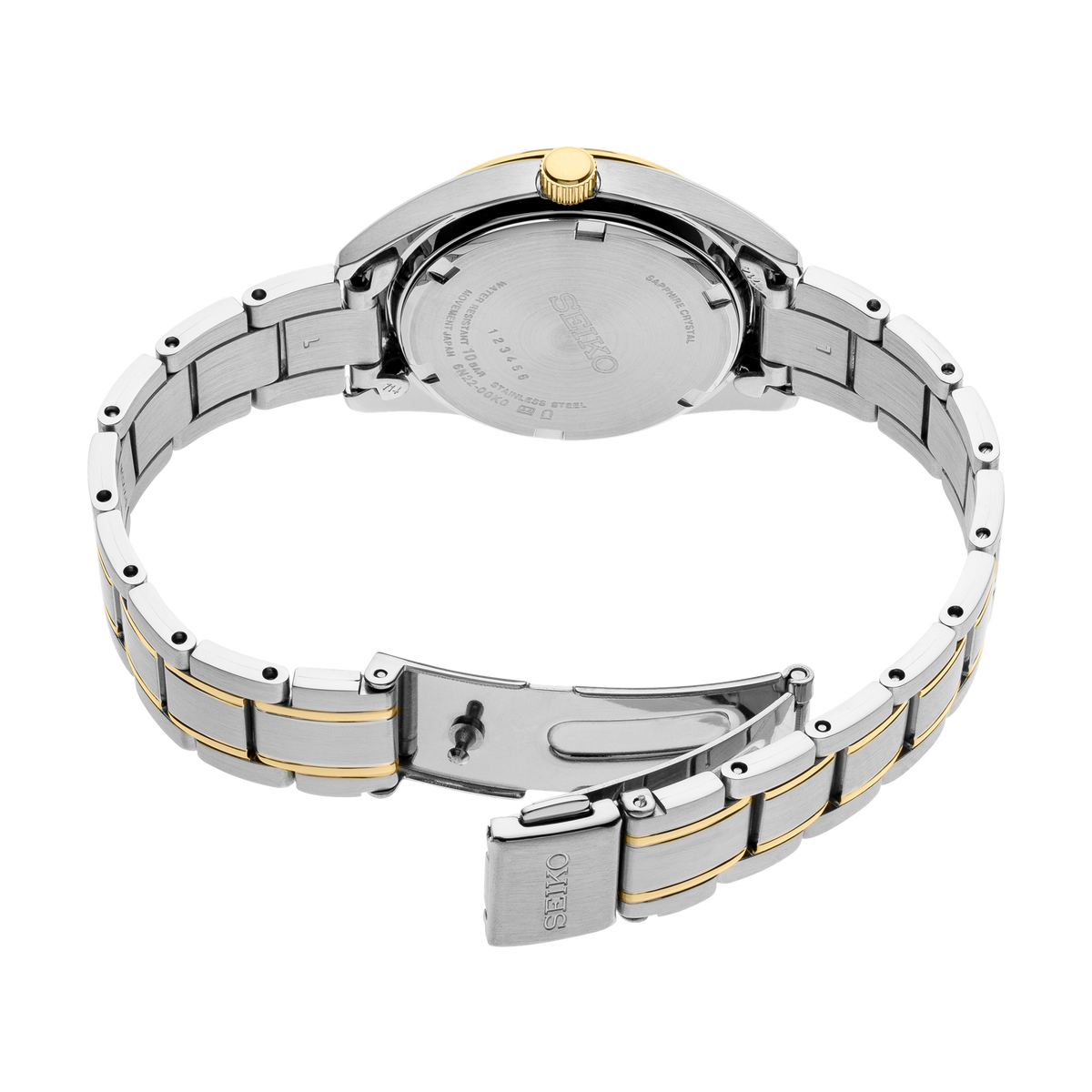 Seiko SUR636 women's two-tone quartz watch with mother of pearl dial — caseback