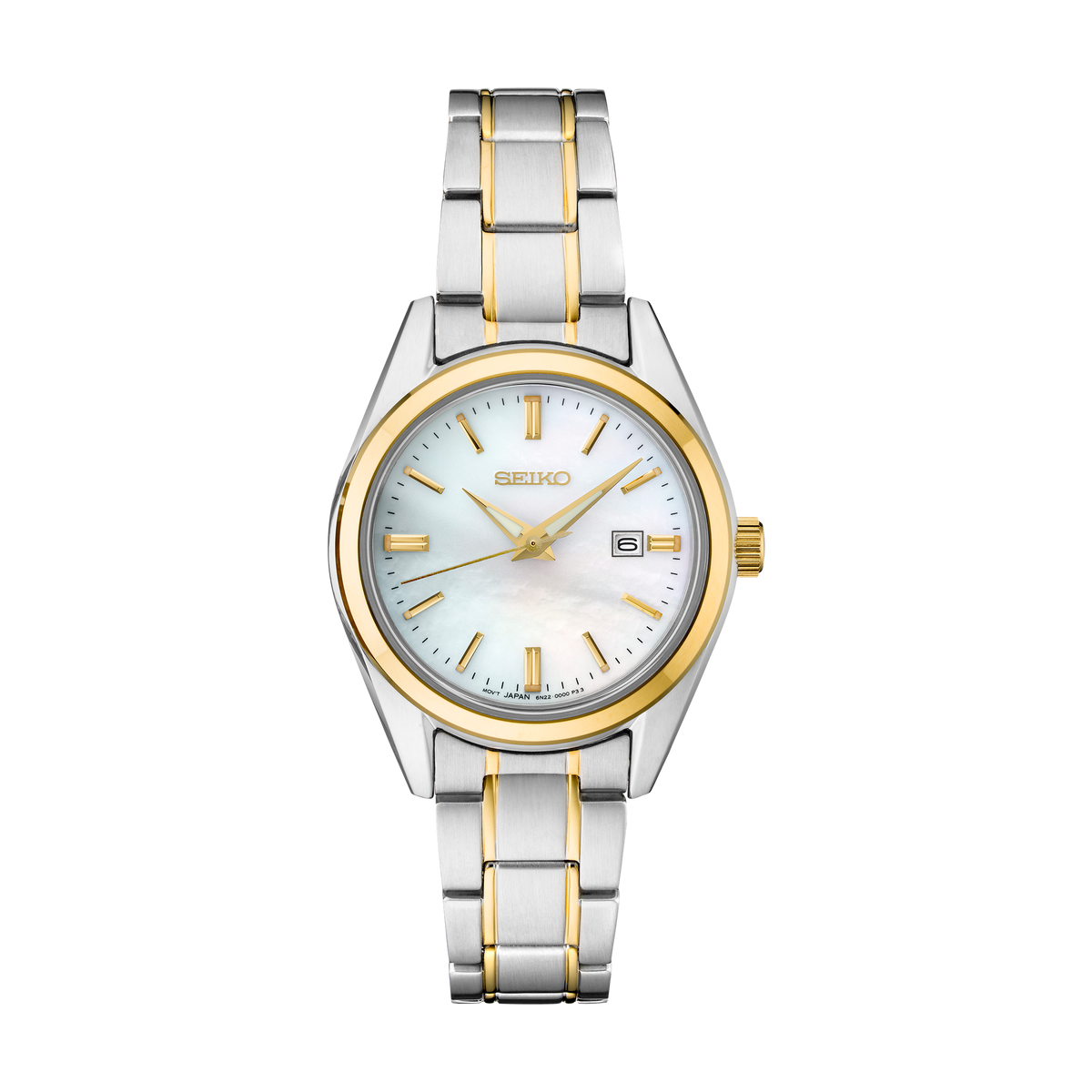 Seiko SUR636 women's two-tone quartz watch with mother of pearl dial