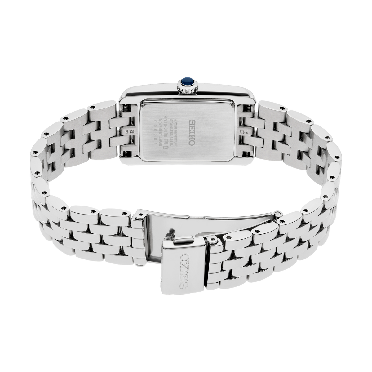 Seiko SWR091 women's Essentials watch with a rectangular stainless steel case and silver dial. — caseback