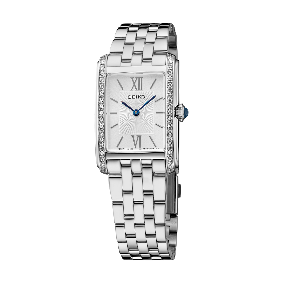 Seiko SWR091 women's Essentials watch with a rectangular stainless steel case and silver dial.