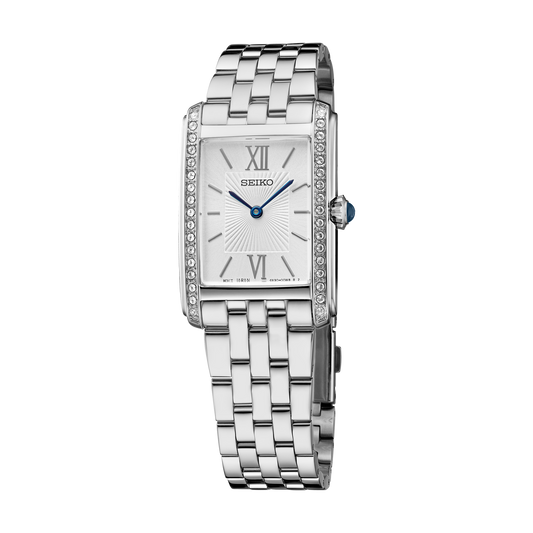 Seiko SWR091 women's Essentials watch with a rectangular stainless steel case and silver dial.