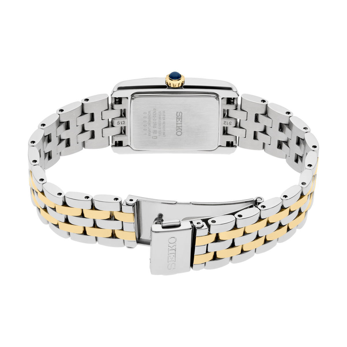 Seiko SWR093 women's watch with silver dial and two-tone stainless steel bracelet. — caseback