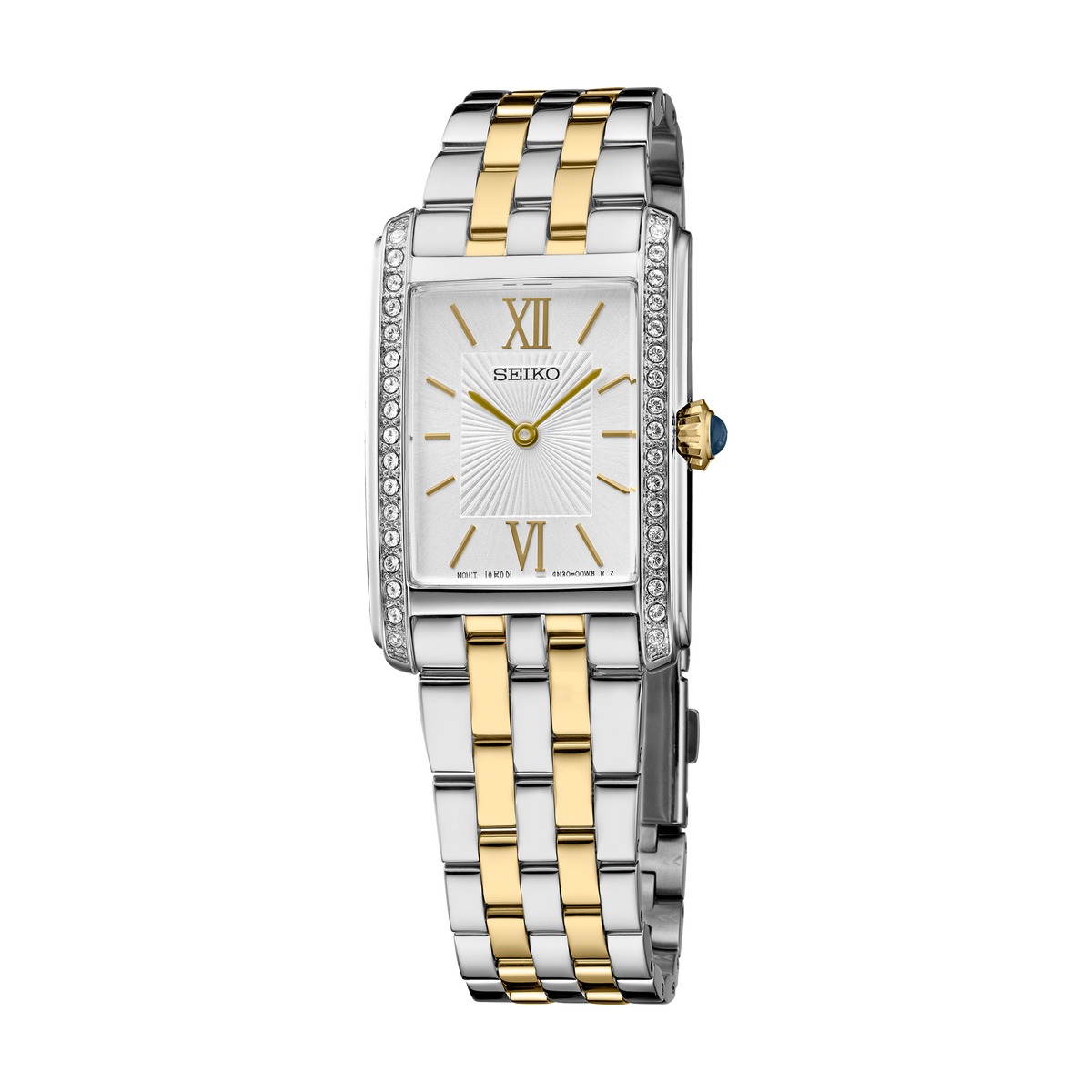 Seiko SWR093 women's watch with silver dial and two-tone stainless steel bracelet.