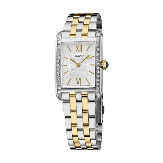 Seiko SWR093 women's watch with silver dial and two-tone stainless steel bracelet.