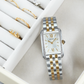 Seiko SWR093 women's watch with silver dial and two-tone stainless steel bracelet. — lifestyle