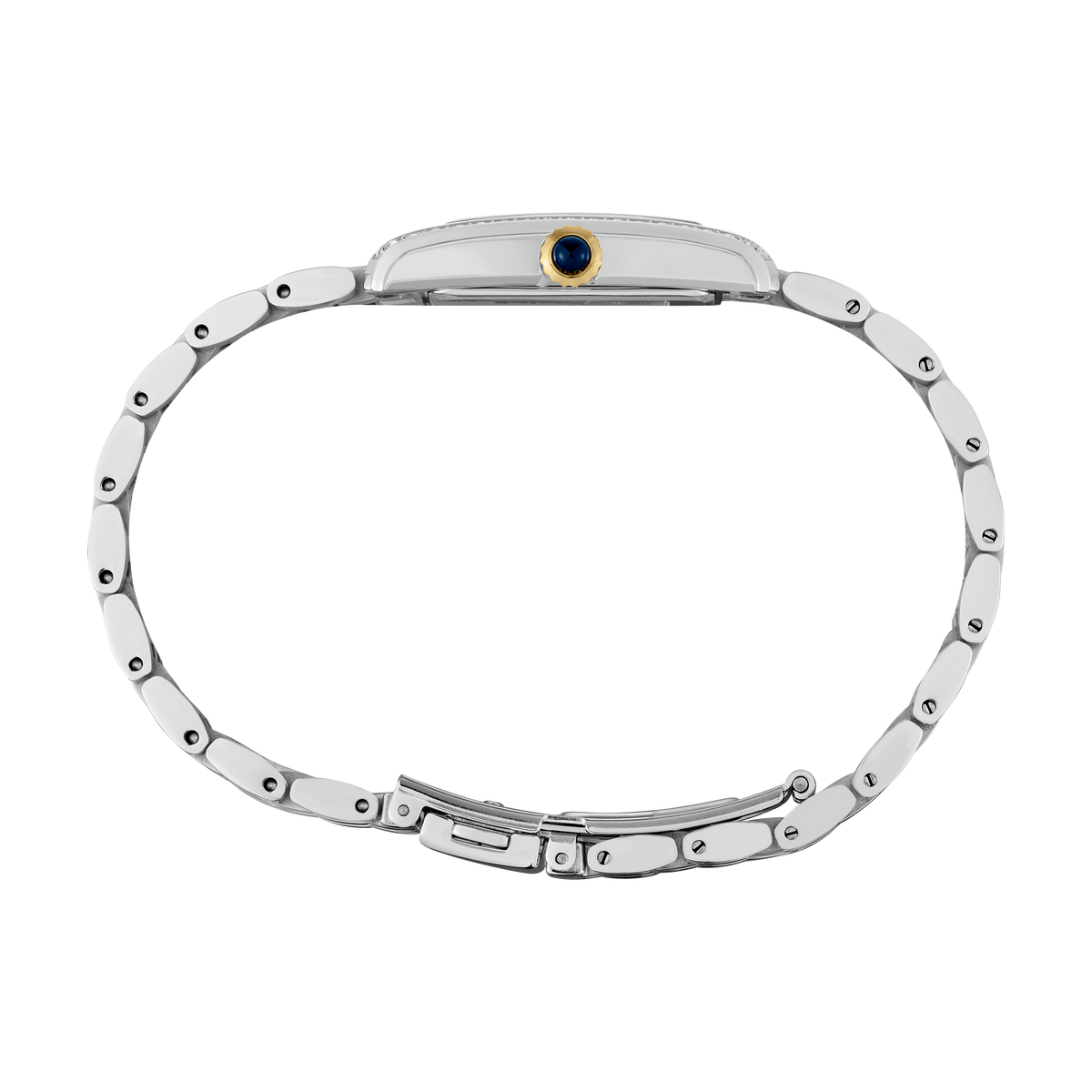 Seiko SWR093 women's watch with silver dial and two-tone stainless steel bracelet. — side view