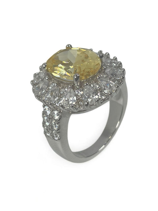 Silver  Ring with CZ and with a yellow stone.