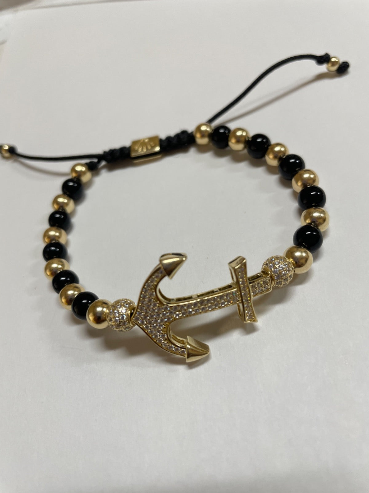 14K Yellow Gold Anchor  Bracelet with Onyx