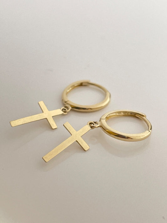 14K Yellow Gold Hoop With Cross Earring