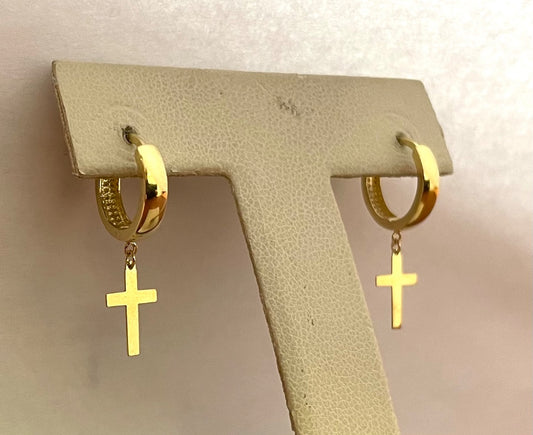 18K Yellow Gold Cross Hoop  Earring