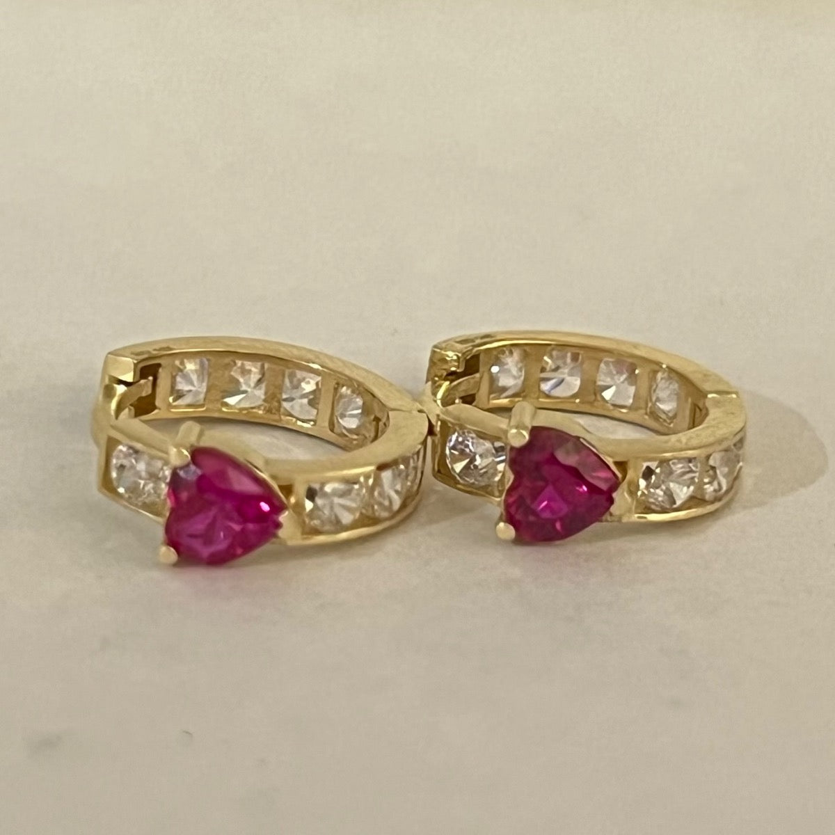14K Yellow Gold Pink Heart  Earring with CZ