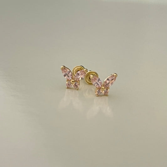 14K Yellow Gold Pink Butterfly  Earring with CZ