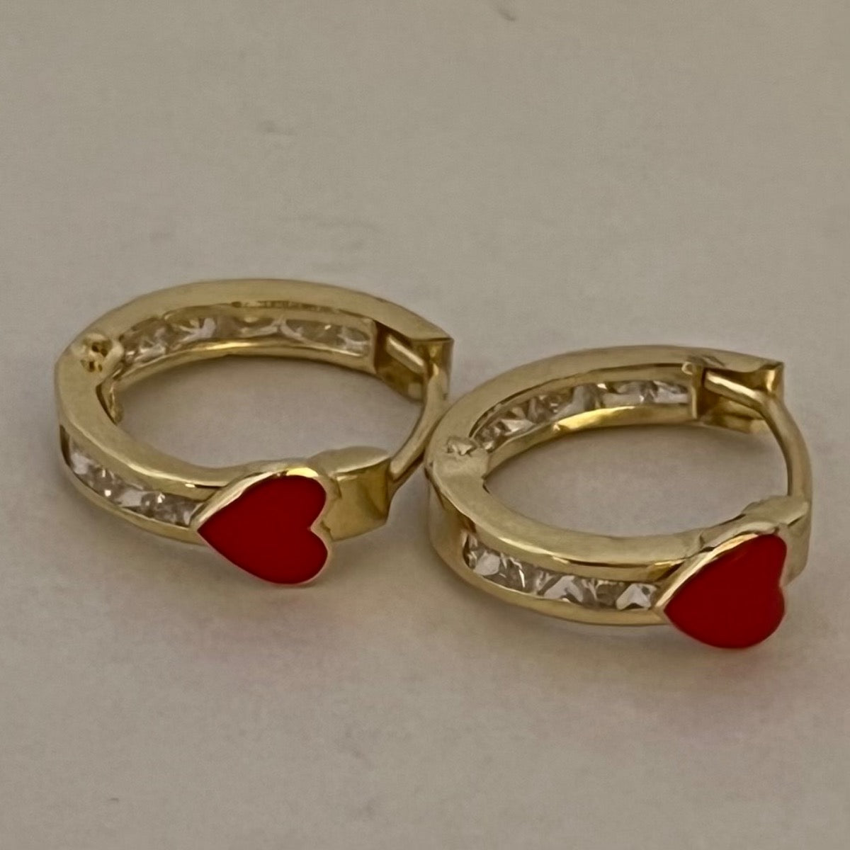14K Yellow Gold Red Heart  Earring with CZ