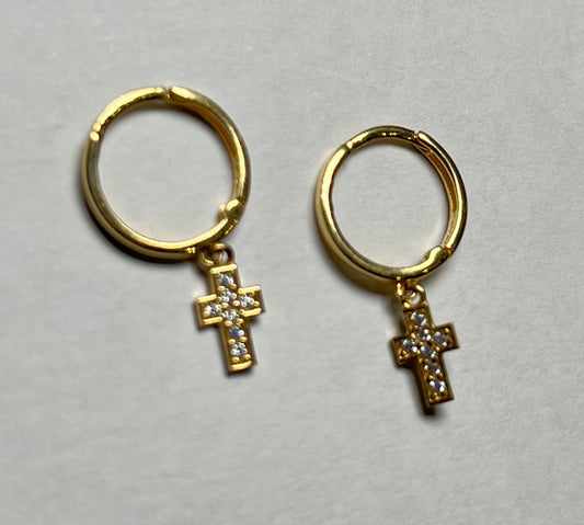 18K Yellow Gold Hoop Cross  Earring with CZ