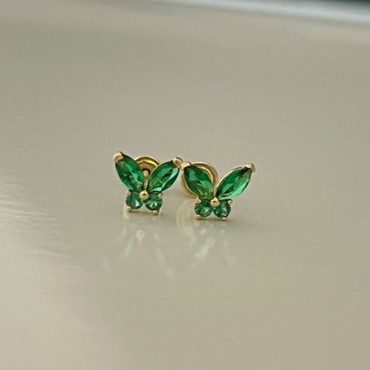 14K Yellow Gold Green Butterfly  Earring with CZ