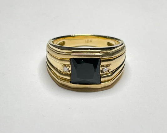 18K Yellow Gold  Men's Ring with Diamond and Onyx