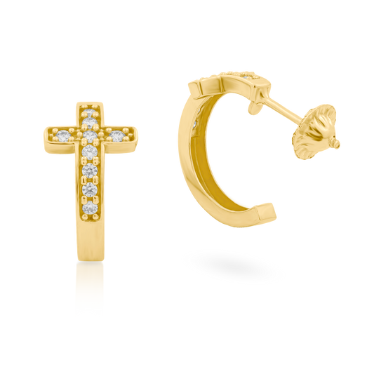 18K Yellow Gold Half Hoop Cross Earrings with CZs