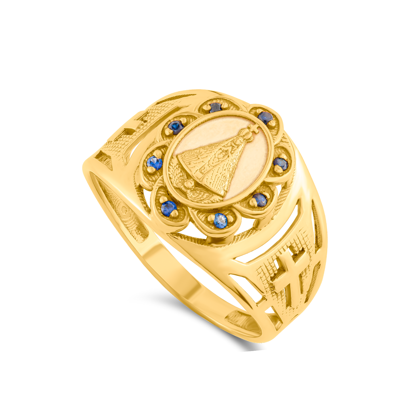 18K Yellow Gold Our Lady of Aparecida Ring with Blue CZs