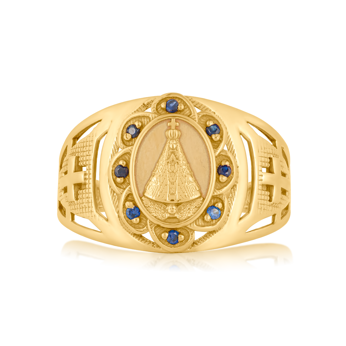 18K Yellow Gold Our Lady of Aparecida Ring with Blue CZs