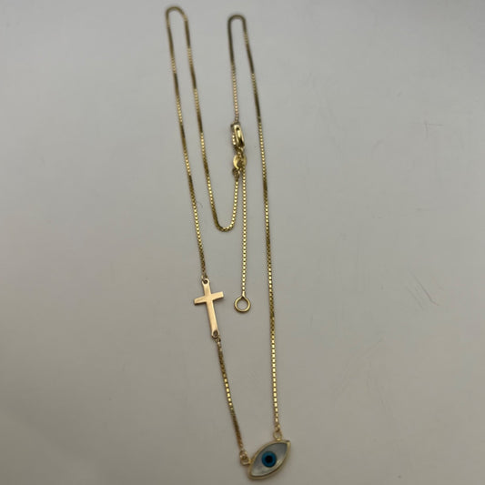 14K Yellow Gold Eye and Cross  Necklace with CZ