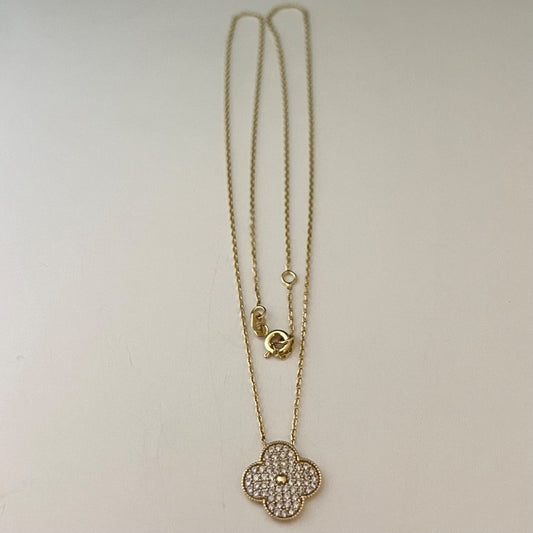 14K Yellow Gold Four Leaf Clover  Charm Necklace Set with CZ