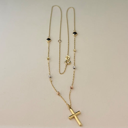 14K Tri-Tone Gold Cross  Charm Necklace Set with CZ
