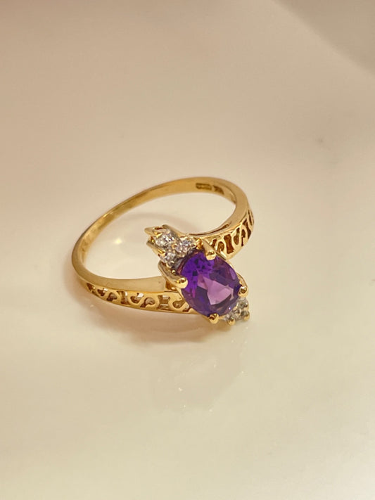 14K Yellow Gold Amethyst with Diamond Ring