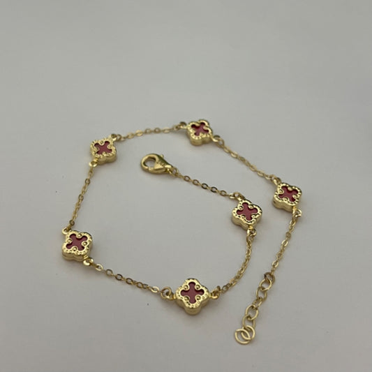 14K Yellow Gold Red Four Leaf Clover  Bracelet with CZ