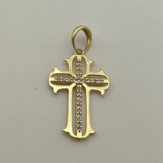 18K Yellow Gold Cross Pendant with CZ