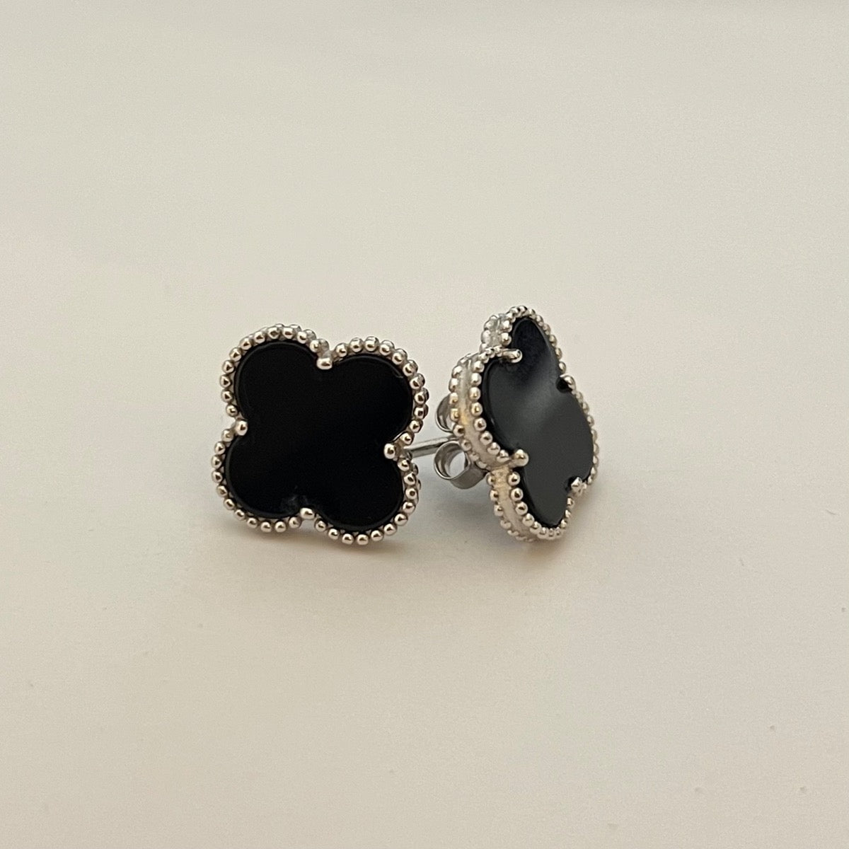 Silver Black Four Leaf Clover Earring with CZ