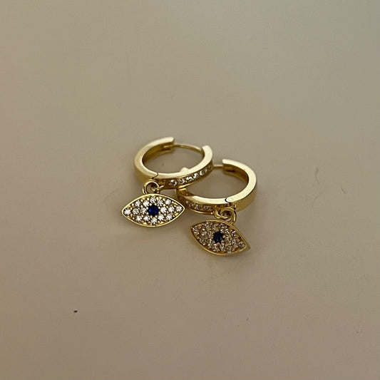 18K Yellow Gold Evil Eye Hoop  Earring with CZ