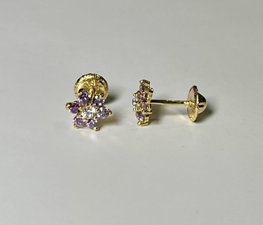 18K Yellow Gold Purple Flower  Earring with CZ