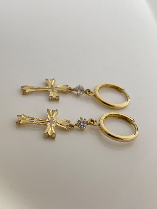 14K Yellow Gold Cross Earring with CZ