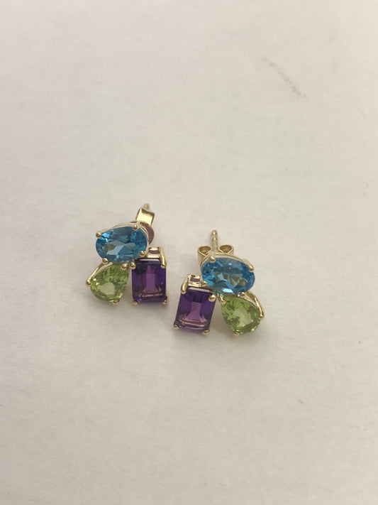 14K Yellow Gold  Earring with Amethyst, Topaz and Peridot