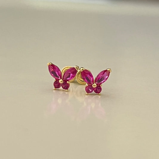 14K Yellow Gold Pink Butterfly  Earring with CZ