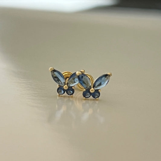 14K Yellow Gold Blue Butterfly  Earring with CZ