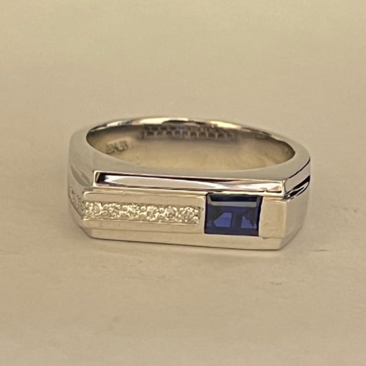 14K White Gold  Men's Ring with Diamond and Sapphire