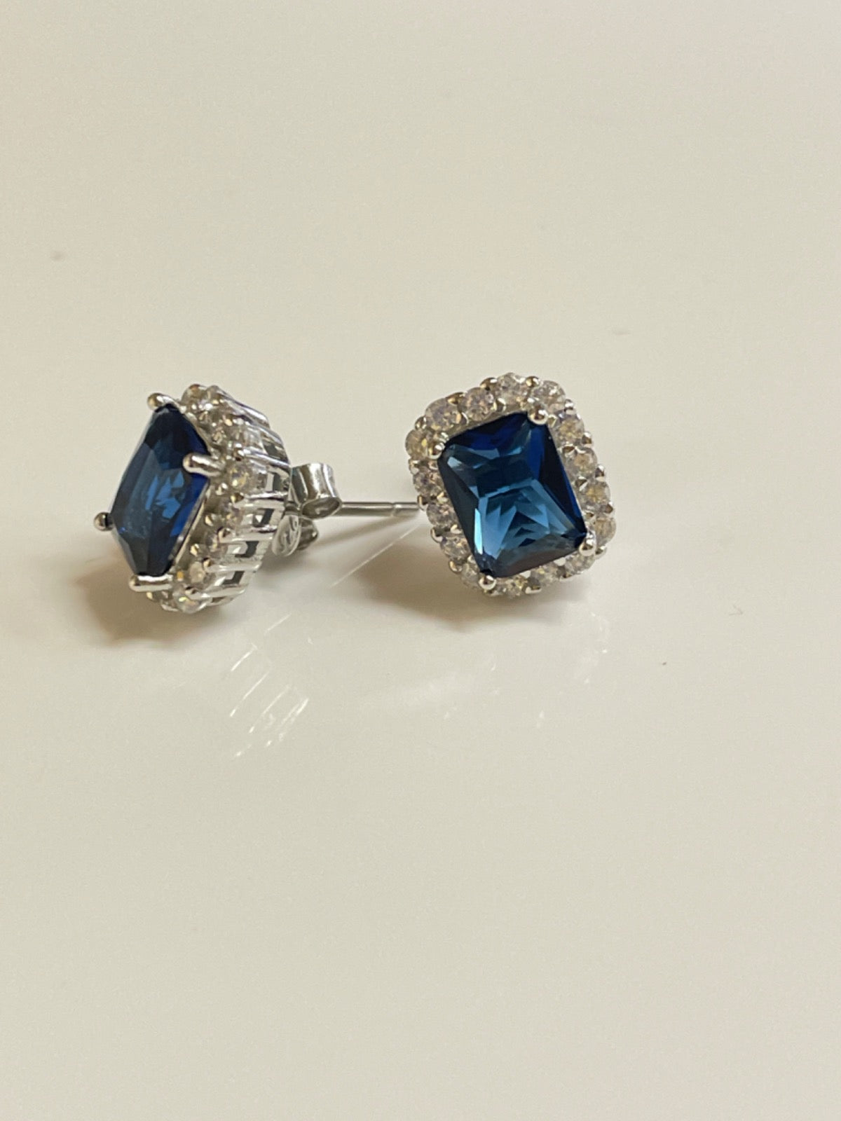 Silver Blue Emerald Cut Cz  Earring
