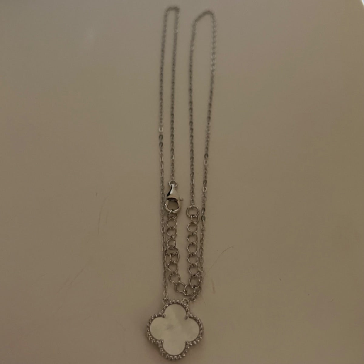 Silver Four Leaf Clover Charm Necklace Set with CZ
