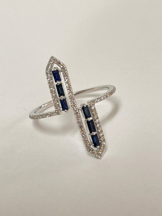 14K White Gold  Ring with Diamond and Sapphire